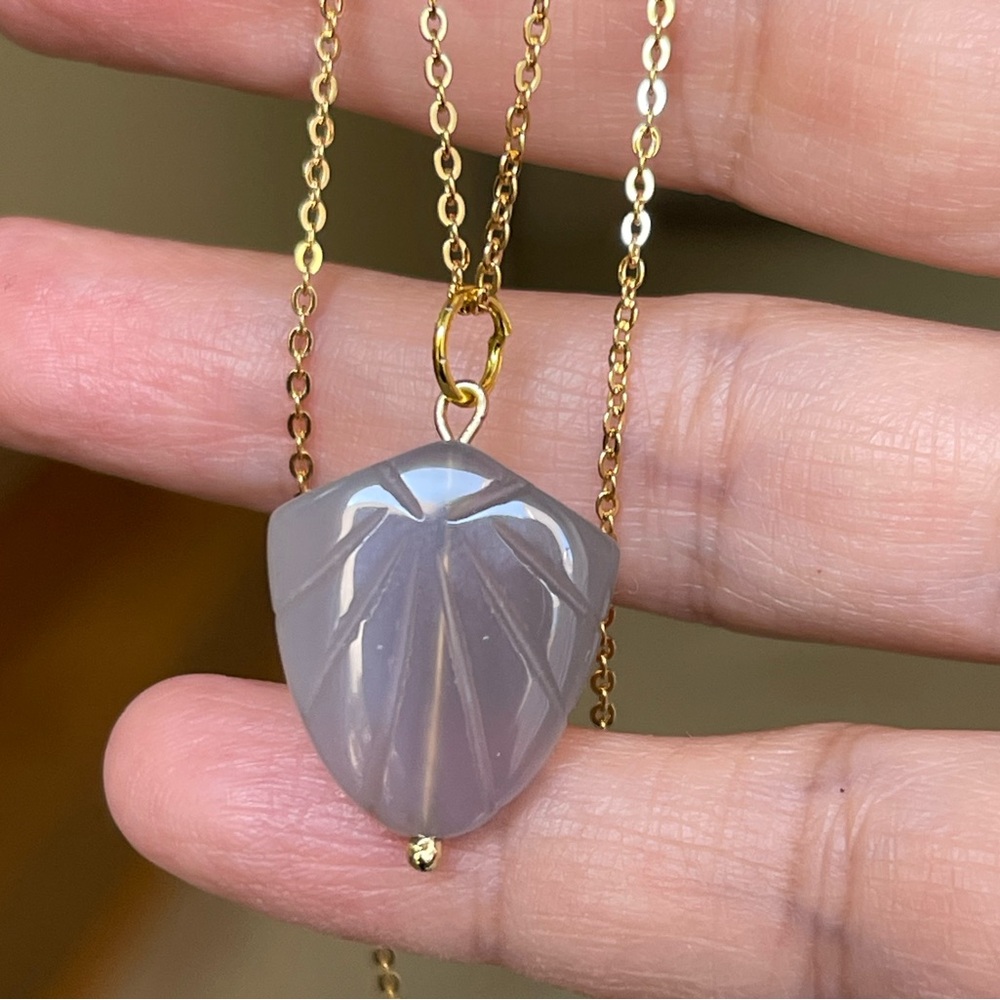 Hand carved purple grey chalcedony pendant & Monet chain